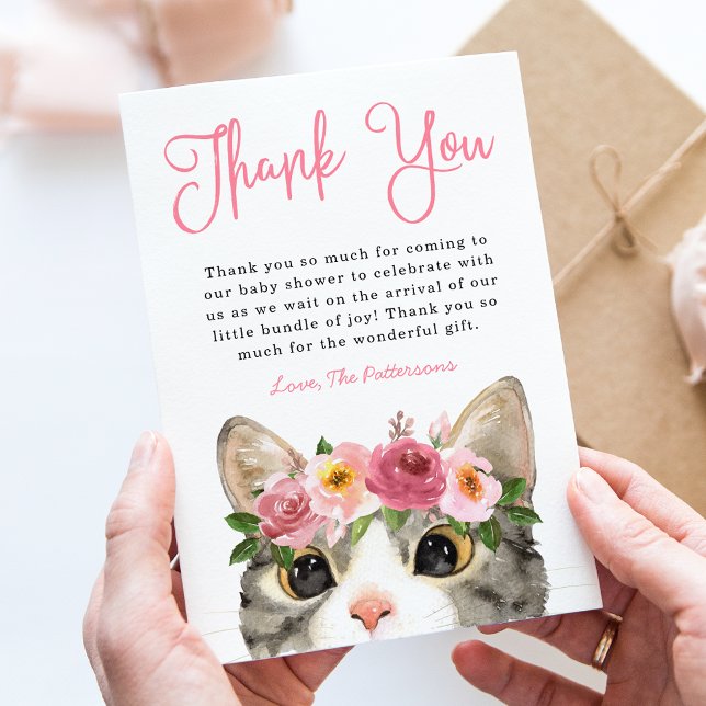 Carte De Remerciements Sweet Watercolor Kitty Girl Baby shower (Créateur téléchargé)