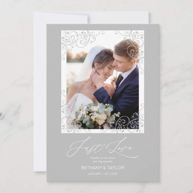Carte De Remerciements Swirly Flourish Grey Ornament Photo Newlyweds (Devant)