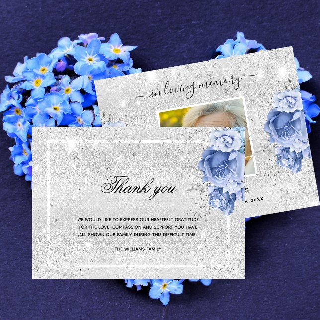 Carte De Remerciements Sympathie bleu argenté floral photo scintille (Créateur téléchargé)