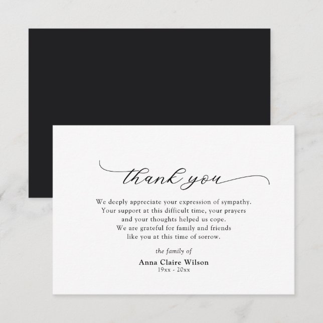 Carte De Remerciements Sympathie de script élégante Reconnaissance (Devant / Derrière)