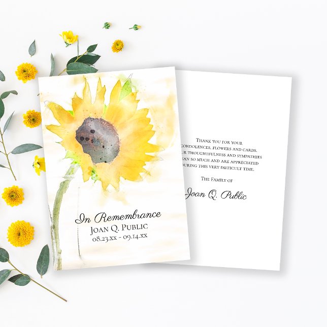 Carte De Remerciements Sympathie funéraire du Vase de tournesol jaune (Créateur téléchargé)
