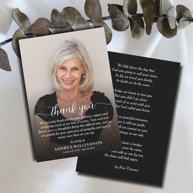 Carte De Remerciements Sympathie simple pour les photos funéraires (Simple funeral flat thank you notes, photo and thank you on the front and poem/prayer  on the back.)