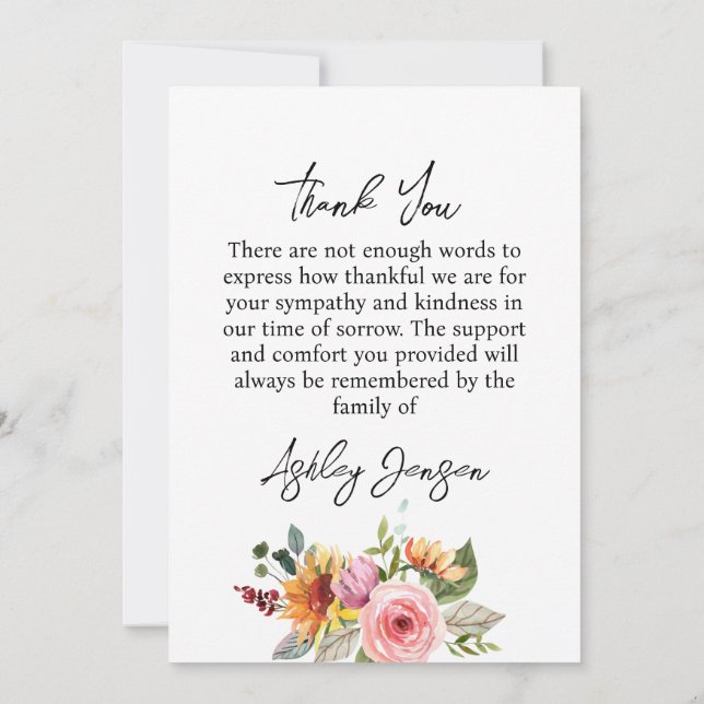 Carte De Remerciements Sympathy Floral Photo Funeral Thank You Card (Dos)