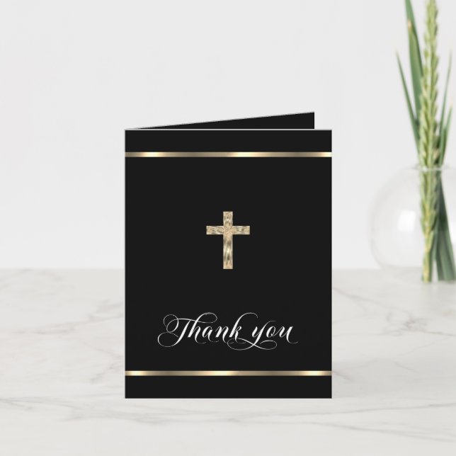 Carte De Remerciements Sympathy Memorial Croix religieuse Black Gold (Devant)