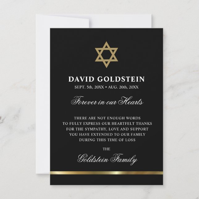 Carte De Remerciements Sympathy Memorial Etoile juive de David Black Gold (Devant)
