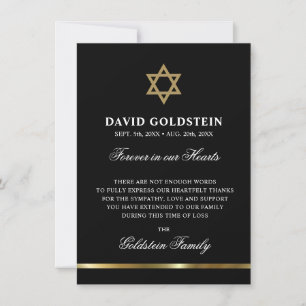 Carte De Remerciements Sympathy Memorial Etoile juive de David Black Gold