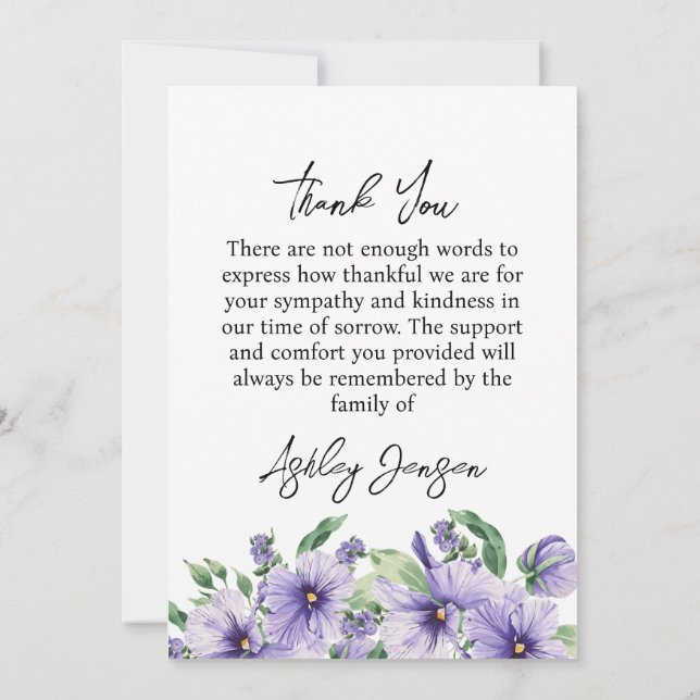 Carte De Remerciements Sympathy Pansy Photo Funeral Thank You Card (Dos)