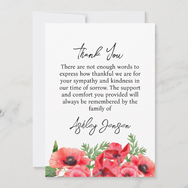 Carte De Remerciements Sympathy Poppy Photo Funeral Thank You Card (Dos)