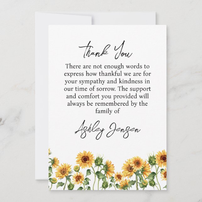 Carte De Remerciements Sympathy Sunflower Funeral Thank You Card (Dos)