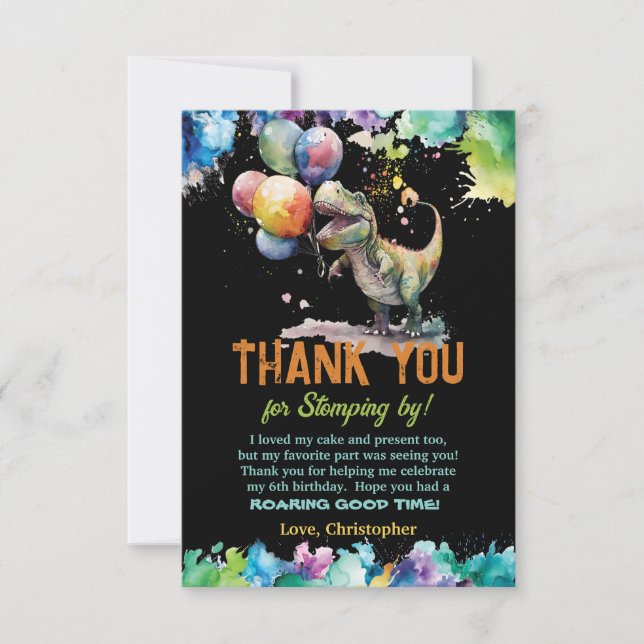 Carte De Remerciements T-Rex Dinosaur Ballons Peinture Splash Anniversair (Devant)