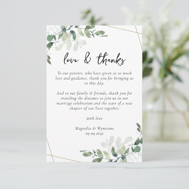 Carte De Remerciements Table d'accueil de mariage Eucalyptus (Debout devant)