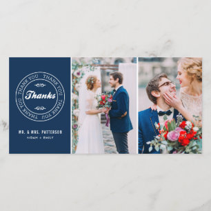 Carte De Remerciements Tag Mariage à deux photos bleu marine moderne Merc