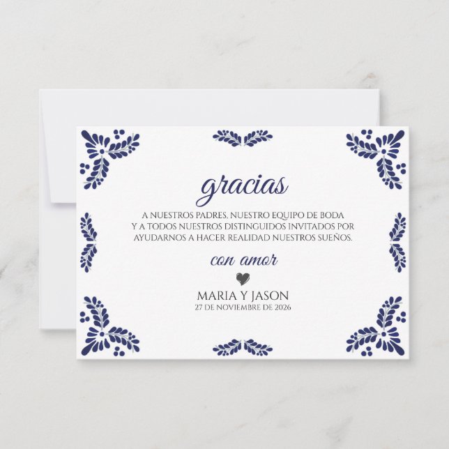 Carte De Remerciements Talavera Blue Floral Minimalist Spanish Wedding (Devant)