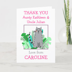 Carte De Remerciements Tante Oncle Noms Mignonne Cat Leaf Enfants Blanc