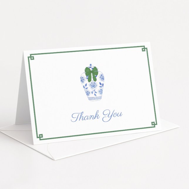 Carte De Remerciements Tartan de Noël élégant à ruban vert pour l'enterre (Elegant Christmas thank you card design or personal stationery featuring ginger jar with green bow)