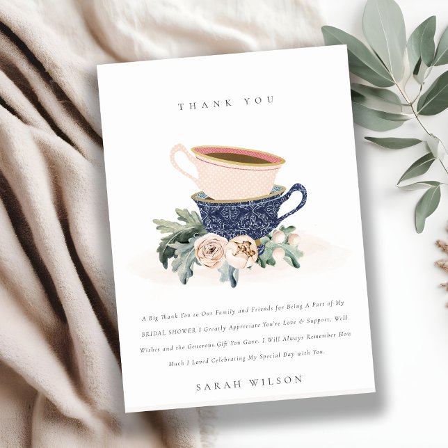 Carte De Remerciements Tasses à thé empilées florales bleues rougissantes (Créateur téléchargé)