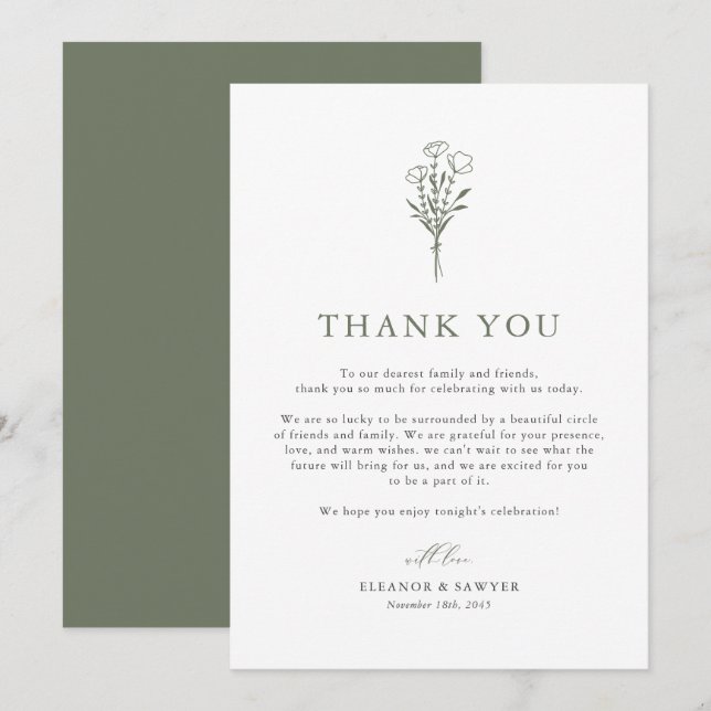 Carte De Remerciements Taupe vert Boho minimaliste Mariage Botanique (Devant / Derrière)