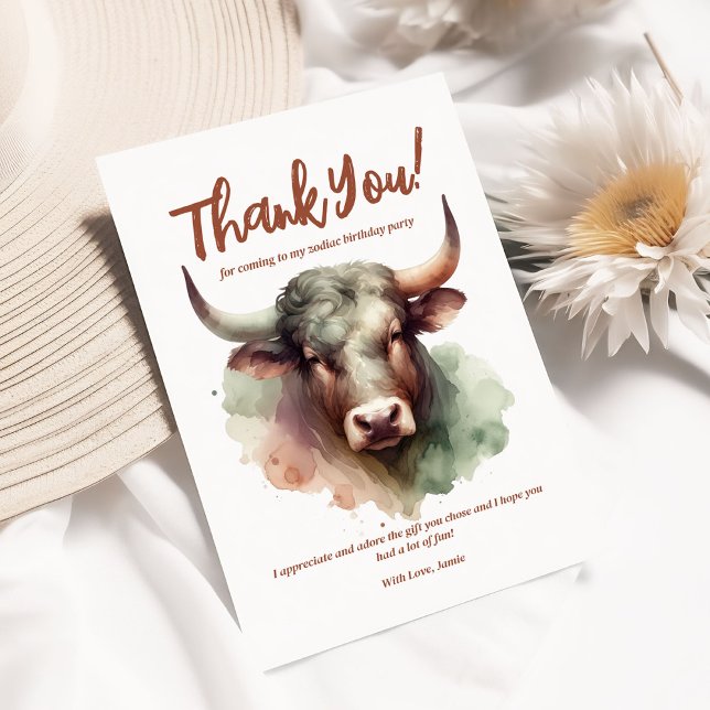 Carte De Remerciements Taurus Aquarelle Ram Zodiac Thème Anniversaire (Coordinate Your Taurus Zodiac-Themed Party with Extras Like These Thank You Cards!)