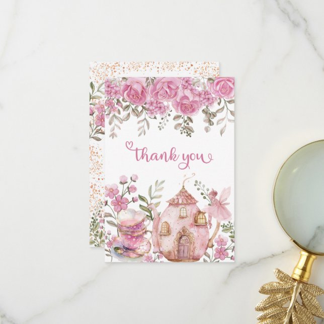 Carte De Remerciements Tea Party Fairy Girl Blush Rose Flowers Anniversai (Devant/Arrière en situation)