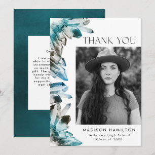 Carte De Remerciements Teal and Blue Watercolor Crystals Photo Graduation