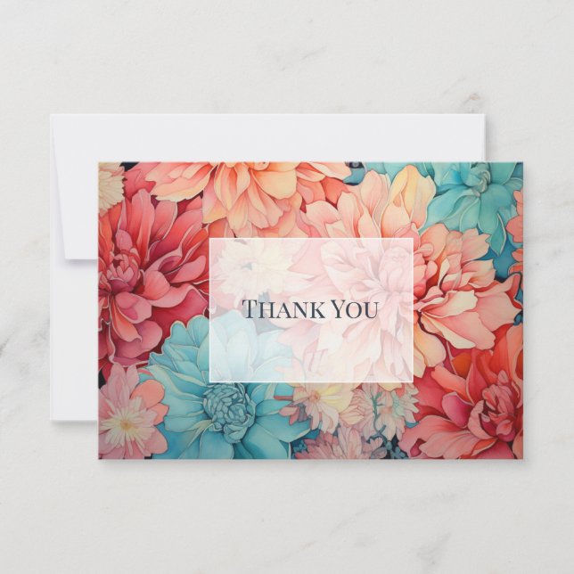Carte De Remerciements Teal, corail et floral champagne (Devant)