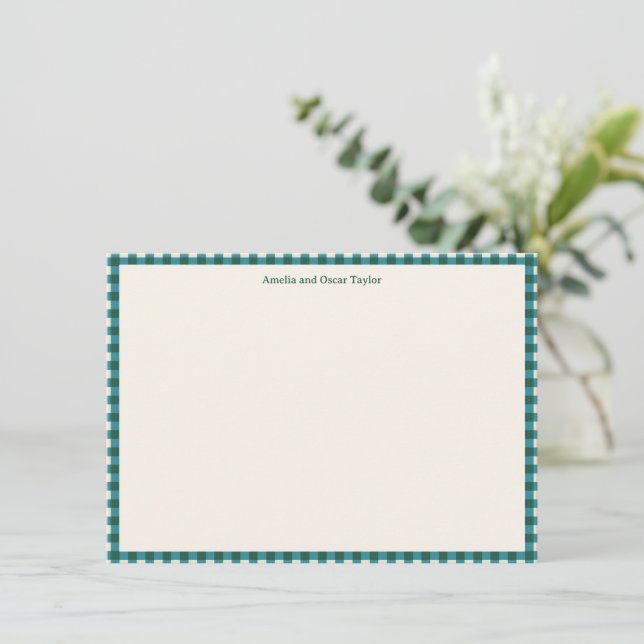 Carte De Remerciements Teal Plaid Personalized Stationery Name Holiday (Debout devant)