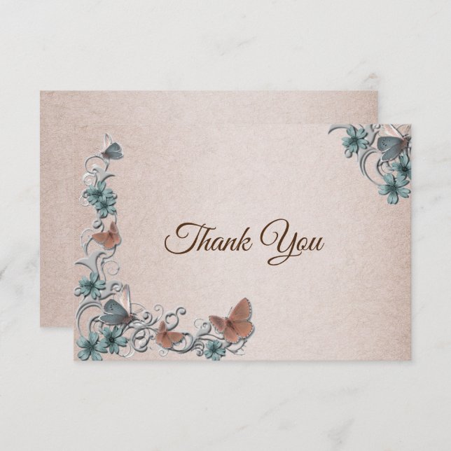 Carte De Remerciements Teal Silver Floral Copper Butterfly Tan Wedding (Devant / Derrière)