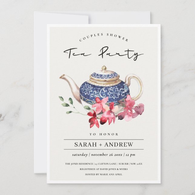 Carte De Remerciements Teapot Rouge Floral Couples Douche Tea Party Invit (Devant)