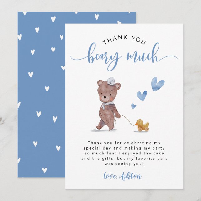 Carte De Remerciements Teddy Bear Anniversaire Party Blue (Devant / Derrière)