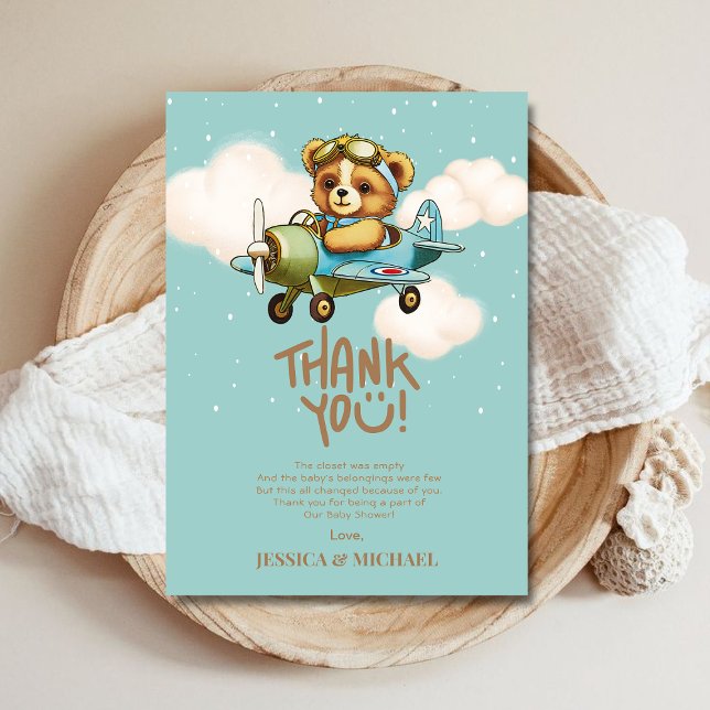 Carte De Remerciements Teddy Bear Avion Boy Bearly Wait Baby shower (Teddy Bear Airplane Boy Bearly Wait Baby Shower Thank You Card)