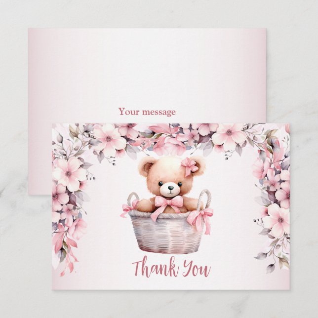 Carte De Remerciements Teddy Bear Baby Girl Fleurs roses Soirée Élégante (Devant / Derrière)