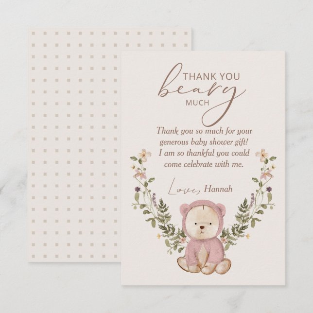 Carte De Remerciements Teddy Bear Baby shower Rose Girl (Devant / Derrière)