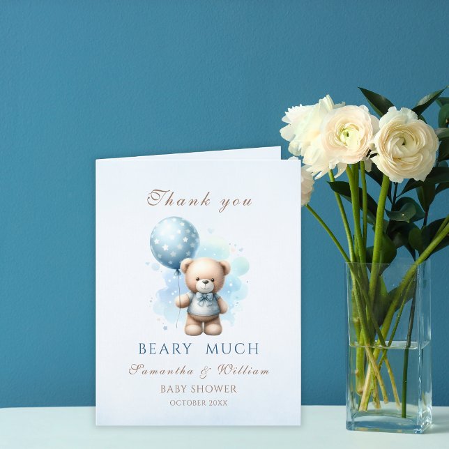 Carte De Remerciements Teddy Bear & Blue Balloon C'est un Baby shower gar (Créateur téléchargé)