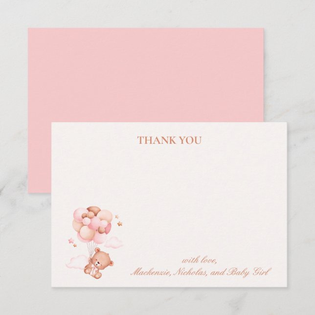 Carte De Remerciements Teddy Bear Girl Rose Bearly Wait Baby shower (Devant / Derrière)