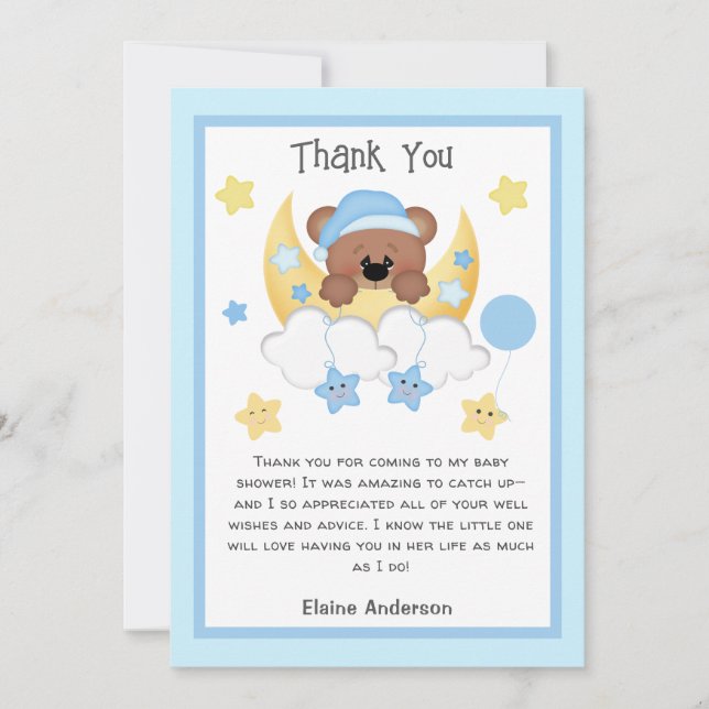 Carte De Remerciements Teddy Bear Lune Stars Nuages Bébé Garçon Douche (Devant)