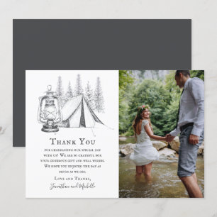 Carte De Remerciements Tente, lanterne et bois croquis Mariage de camping