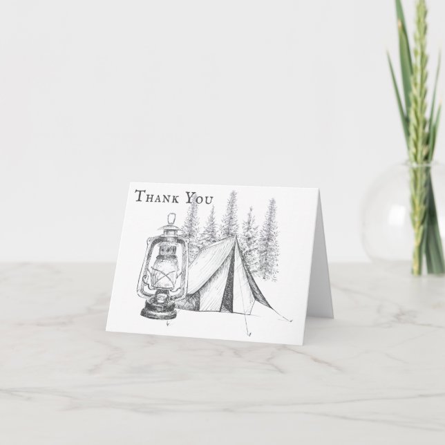 Carte De Remerciements Tente, lanterne et bois croquis Mariage de camping (Devant)