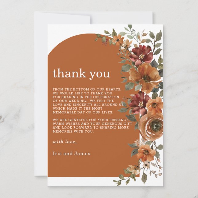 Carte De Remerciements Terracotta Burange rouille Mariage de automne Flor (Devant)