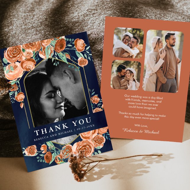 Carte De Remerciements Terracotta Floral Navy Blue Photo Collage Mariage (Créateur téléchargé)