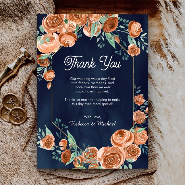 Carte De Remerciements Terracotta Floral Navy Mariage bleu (Créateur téléchargé)