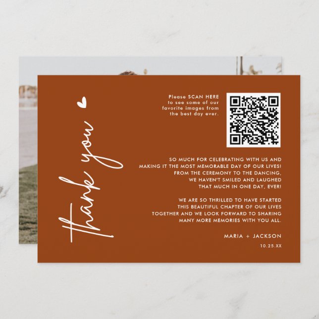 Carte De Remerciements Terracotta minimaliste photo QR Code Mariage (Devant / Derrière)