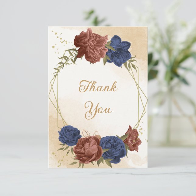 Carte De Remerciements terre cuite bleu marine fleuri mariage (Debout devant)