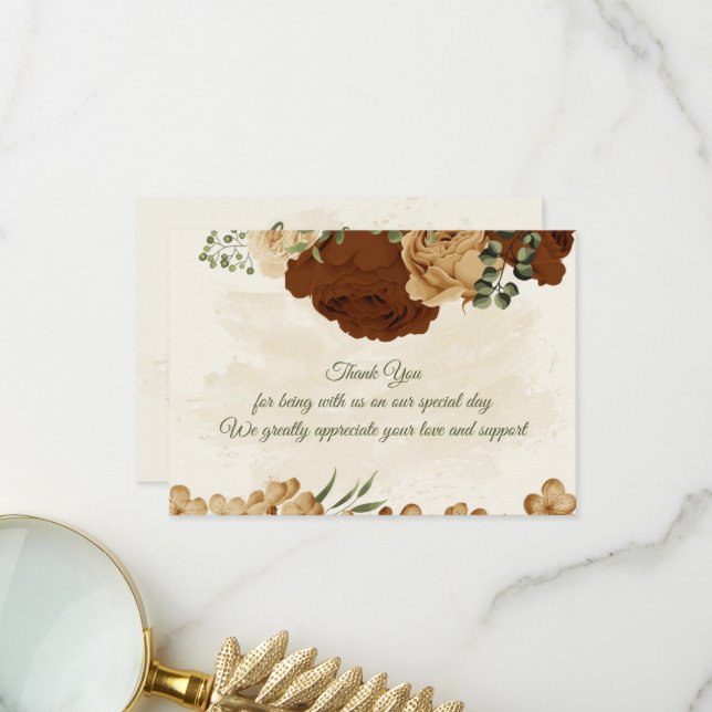 Carte De Remerciements terre cuite tonalité de terre mariage vert fleuri (Devant/Arrière en situation)