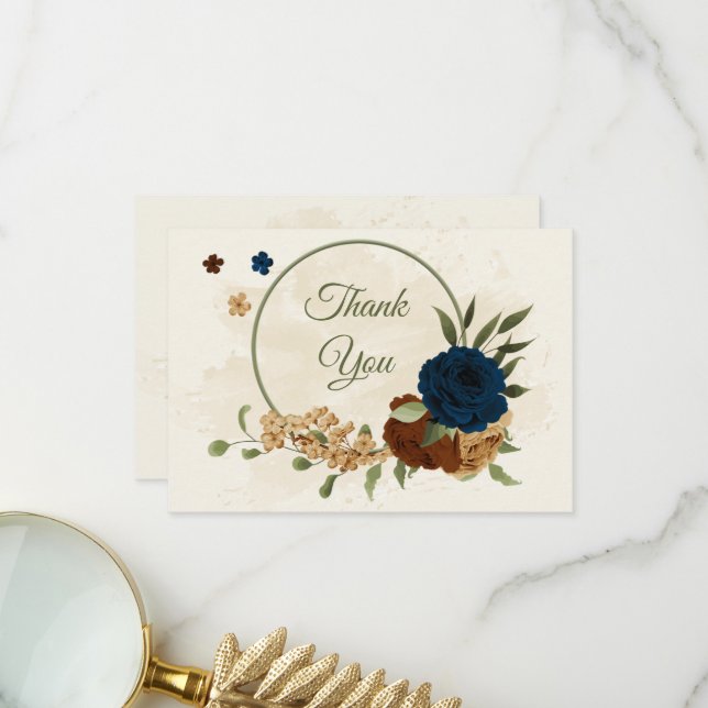 Carte De Remerciements terre cuite tonalité marine floral vert mariage (Devant/Arrière en situation)