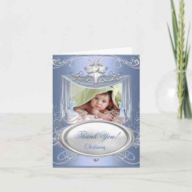 Carte De Remerciements Thank You Baby Christening Baptism Boy Blue Silver (Devant)