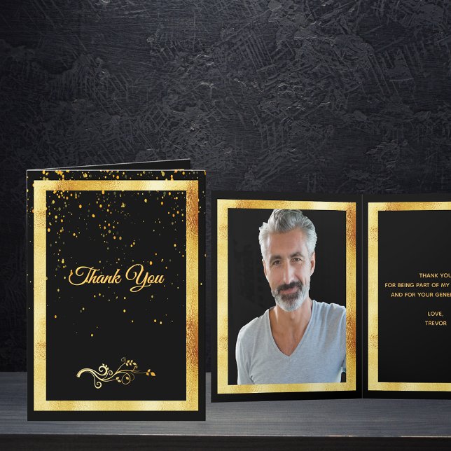Carte De Remerciements Thank you photo card birthday black gold confeti (Créateur téléchargé)