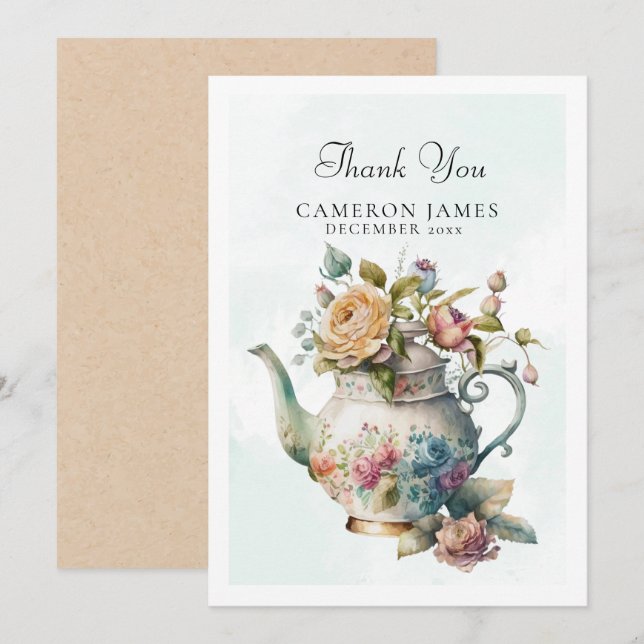 Carte De Remerciements Théière à l'aquarelle élégante Fête du thé floral (Devant / Derrière)