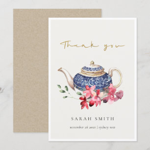 Carte De Remerciements Théière aquarelle rouge bleu Fête de thé floral