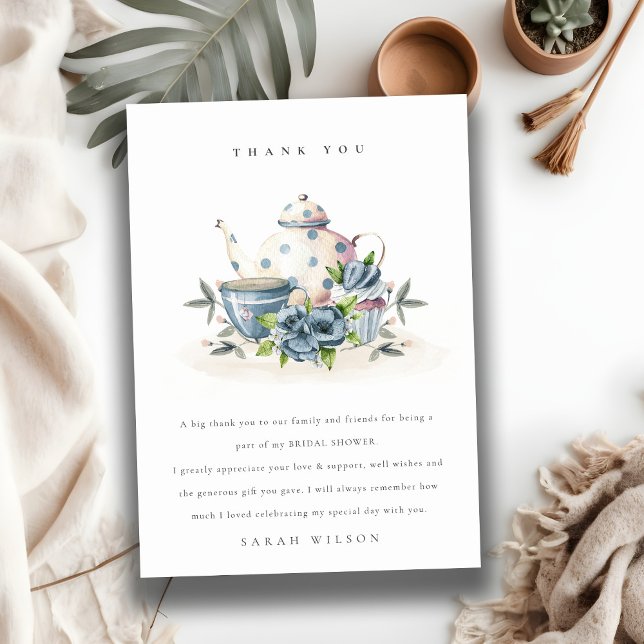 Carte De Remerciements Théière florale bleue aqua mignonne Crups Shower d (Créateur téléchargé)