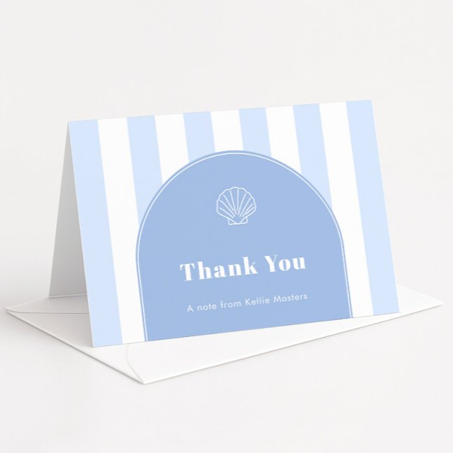 Carte De Remerciements Thème côtier à rayures bleues et blanches avec arc (Simple coastal wedding shower thank you cards with sleek blue and white stripes, arch and seashell)